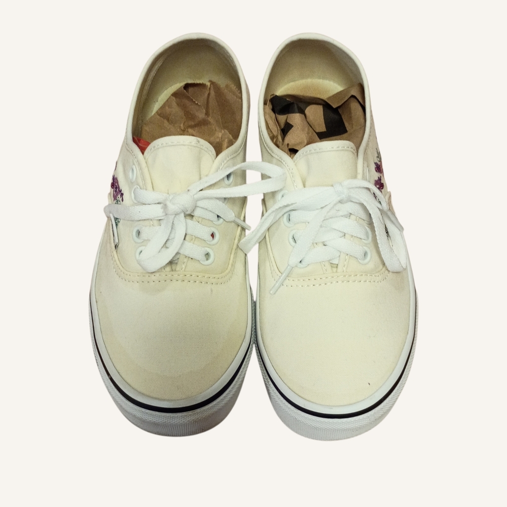 Vans Cream Canvas Low-Top Sneakers with Purple & Green Floral Embroidery - Picture 4 of 9